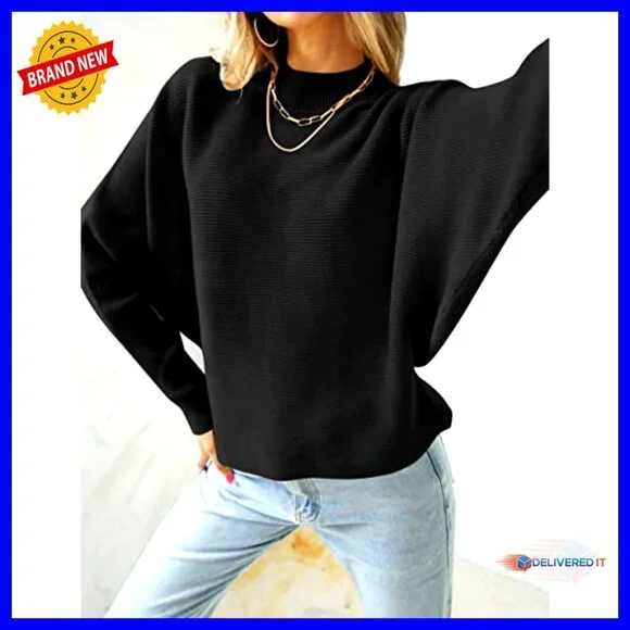 Ribbed Knit Turtleneck Pullover Batwing Sleeves Oversized Casual Soft Sweater - Picture 2 of 7